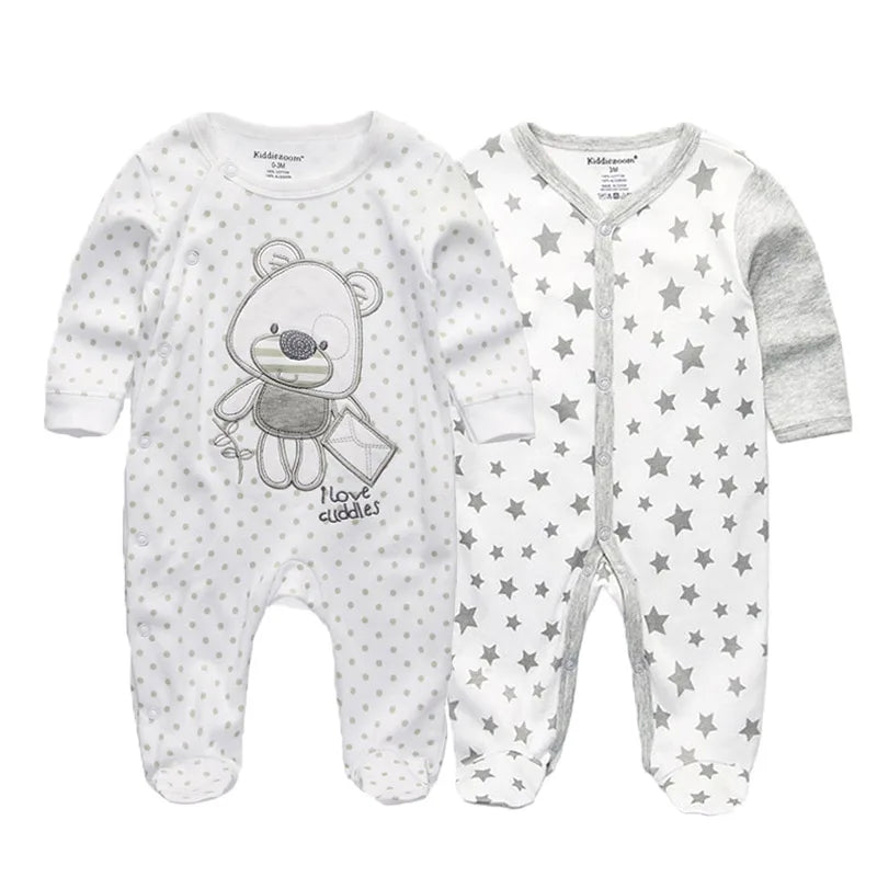 2 Pcs Unisex Cartoon Long Sleeve Baby Boys Girl Romper