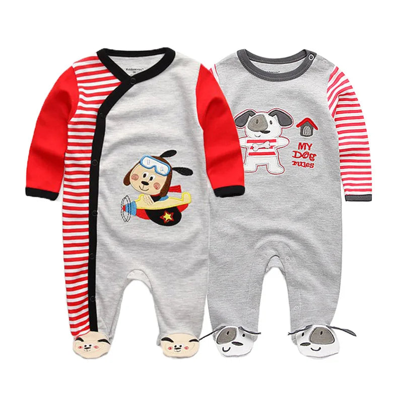 2 Pcs Unisex Cartoon Long Sleeve Baby Boys Girl Romper