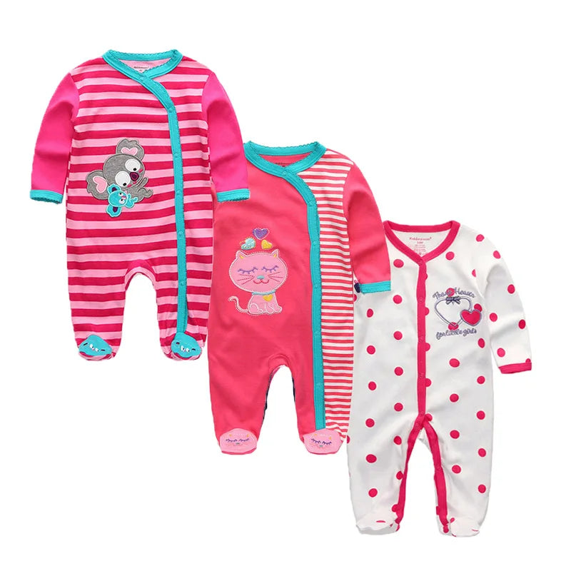 3 Pcs Unisex Cartoon Long Sleeve Baby Boys Girl Romper