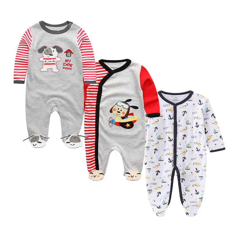 3 Pcs Unisex Cartoon Long Sleeve Baby Boys Girl Romper