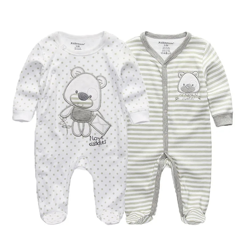 2 Pcs Unisex Cartoon Long Sleeve Baby Boys Girl Romper