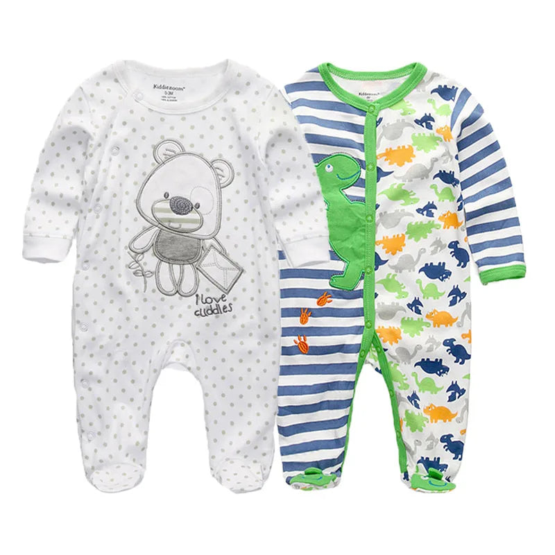 2 Pcs Unisex Cartoon Long Sleeve Baby Boys Girl Romper