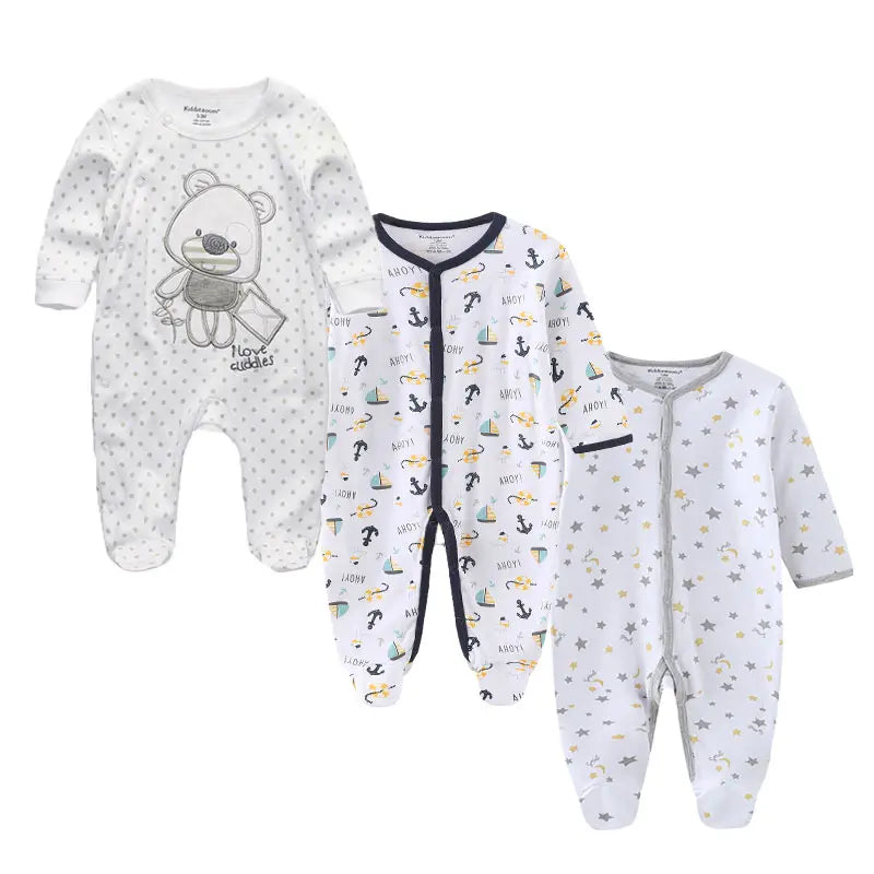 3 Pcs Unisex Cartoon Long Sleeve Baby Boys Girl Romper
