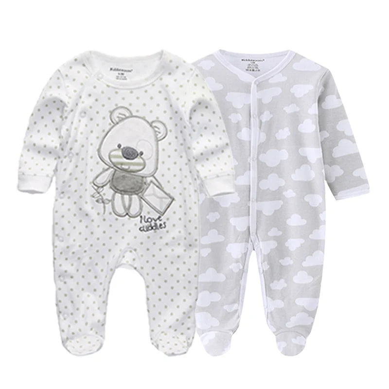 2 Pcs Unisex Cartoon Long Sleeve Baby Boys Girl Romper