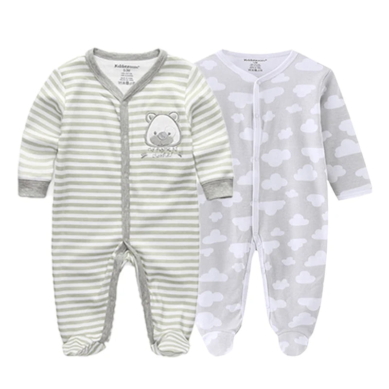 2 Pcs Unisex Cartoon Long Sleeve Baby Boys Girl Romper