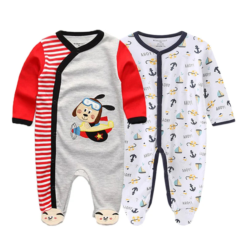 2 Pcs Unisex Cartoon Long Sleeve Baby Boys Girl Romper