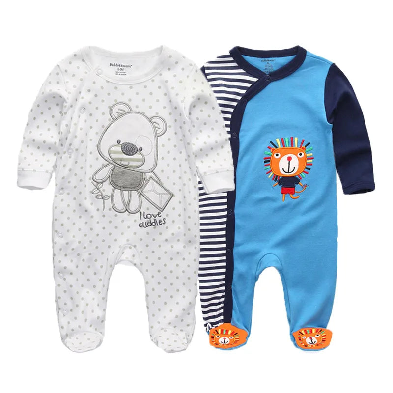 2 Pcs Unisex Cartoon Long Sleeve Baby Boys Girl Romper