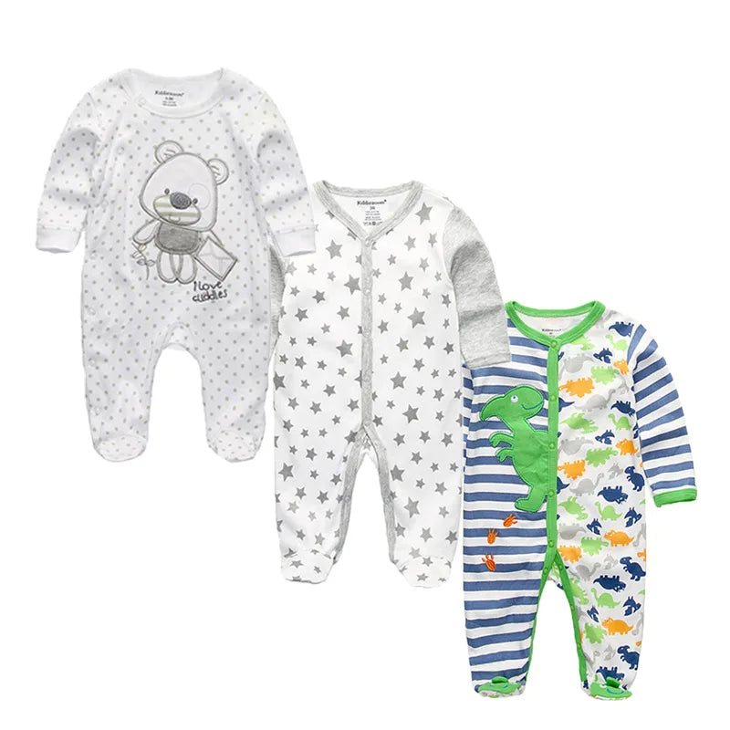 3 Pcs Unisex Cartoon Long Sleeve Baby Boys Girl Romper