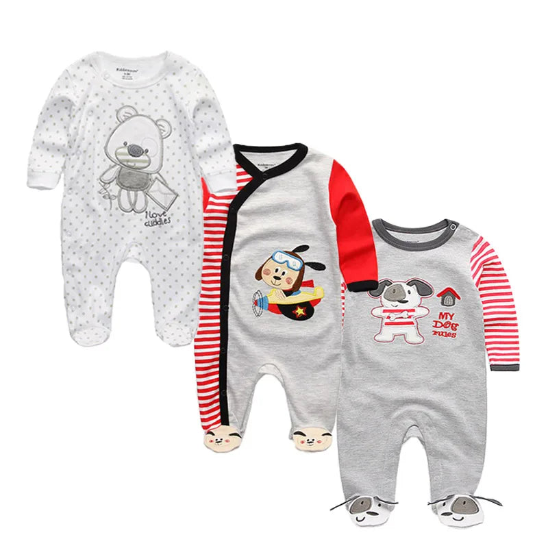 3 Pcs Unisex Cartoon Long Sleeve Baby Boys Girl Romper
