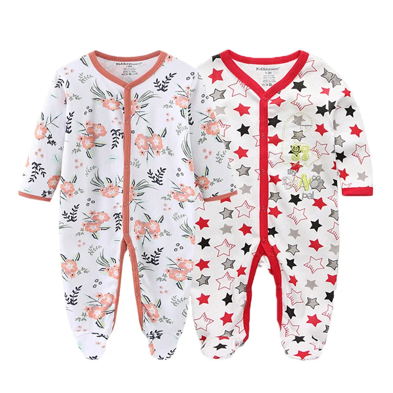 2 Pcs Unisex Cartoon Long Sleeve Baby Boys Girl Romper