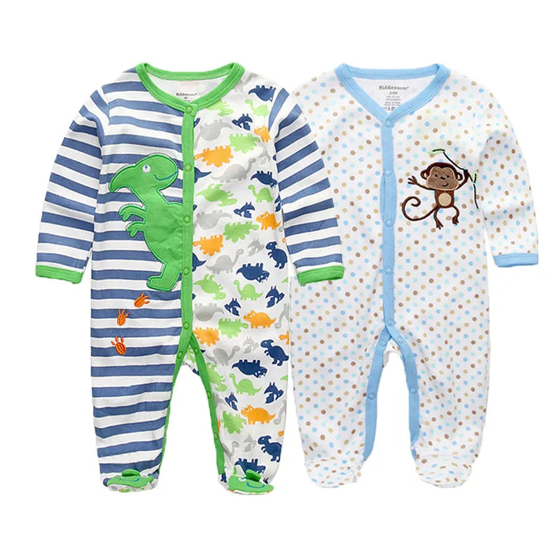 2 Pcs Unisex Cartoon Long Sleeve Baby Boys Girl Romper