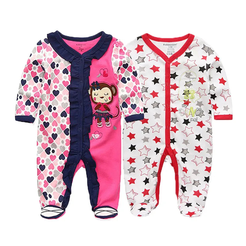 2 Pcs Unisex Cartoon Long Sleeve Baby Boys Girl Romper