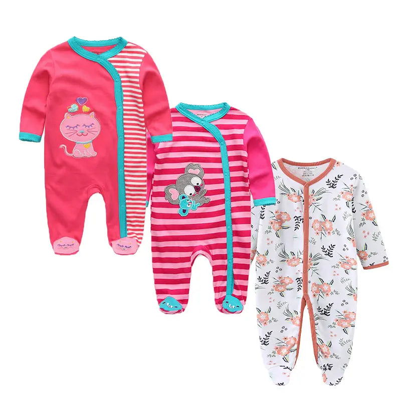 3 Pcs Unisex Cartoon Long Sleeve Baby Boys Girl Romper