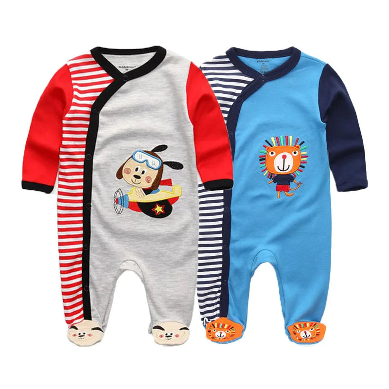 2 Pcs Unisex Cartoon Long Sleeve Baby Boys Girl Romper