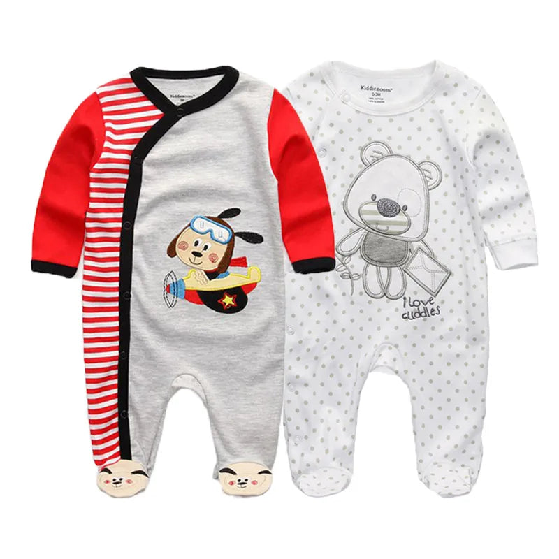 2 Pcs Unisex Cartoon Long Sleeve Baby Boys Girl Romper
