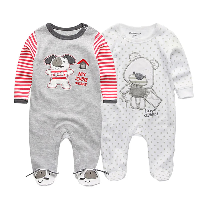 2 Pcs Unisex Cartoon Long Sleeve Baby Boys Girl Romper