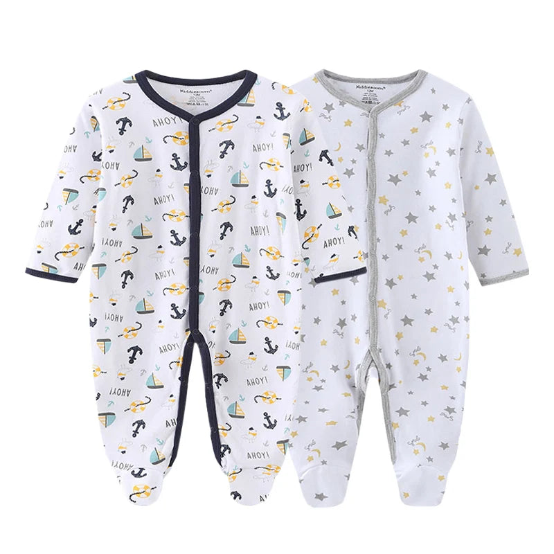 2 Pcs Unisex Cartoon Long Sleeve Baby Boys Girl Romper