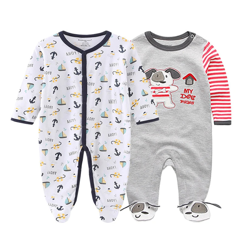 2 Pcs Unisex Cartoon Long Sleeve Baby Boys Girl Romper