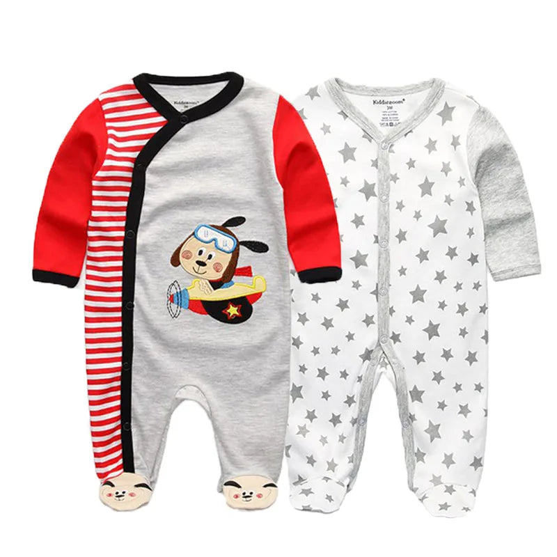 2 Pcs Unisex Cartoon Long Sleeve Baby Boys Girl Romper